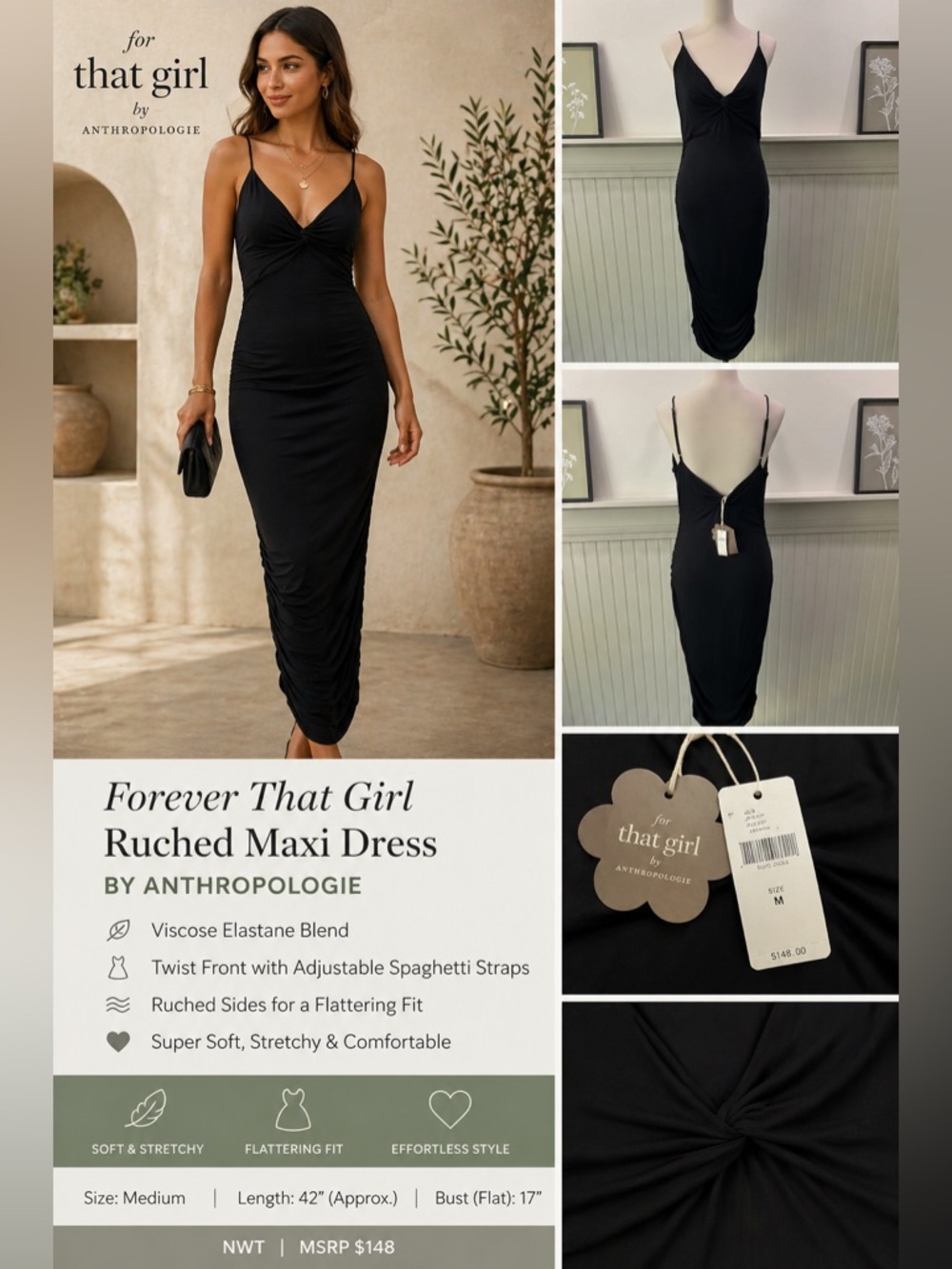 Forever That Girl Anthropologie Black Ruched Midi Dress M NWT Twist Front